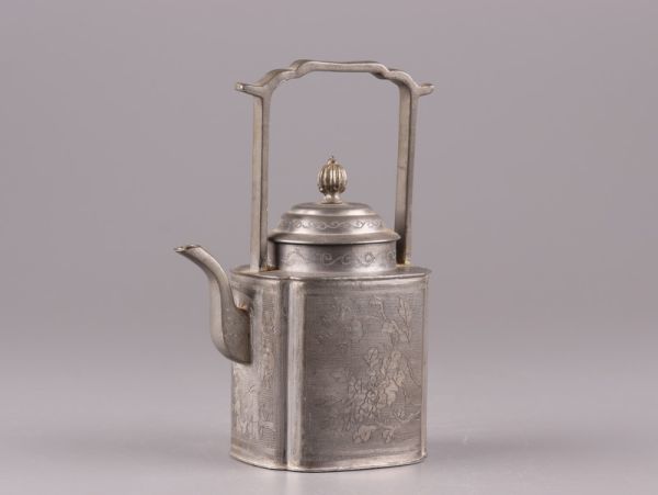 中国古玩 古錫造 唐物 時代物 煎茶道具 極上品 毛彫 初 水注