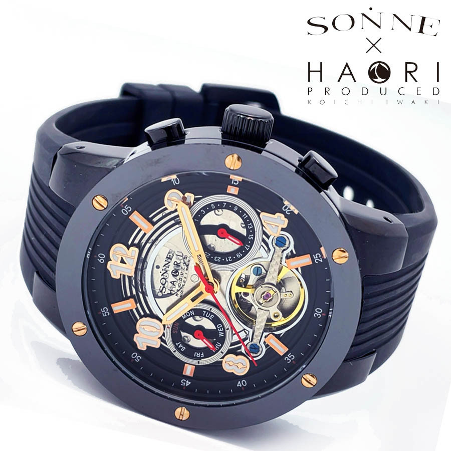 SONNE◇×HAORI/自動巻腕時計/アナログ/レザー/BLK/BLK/SS/H019