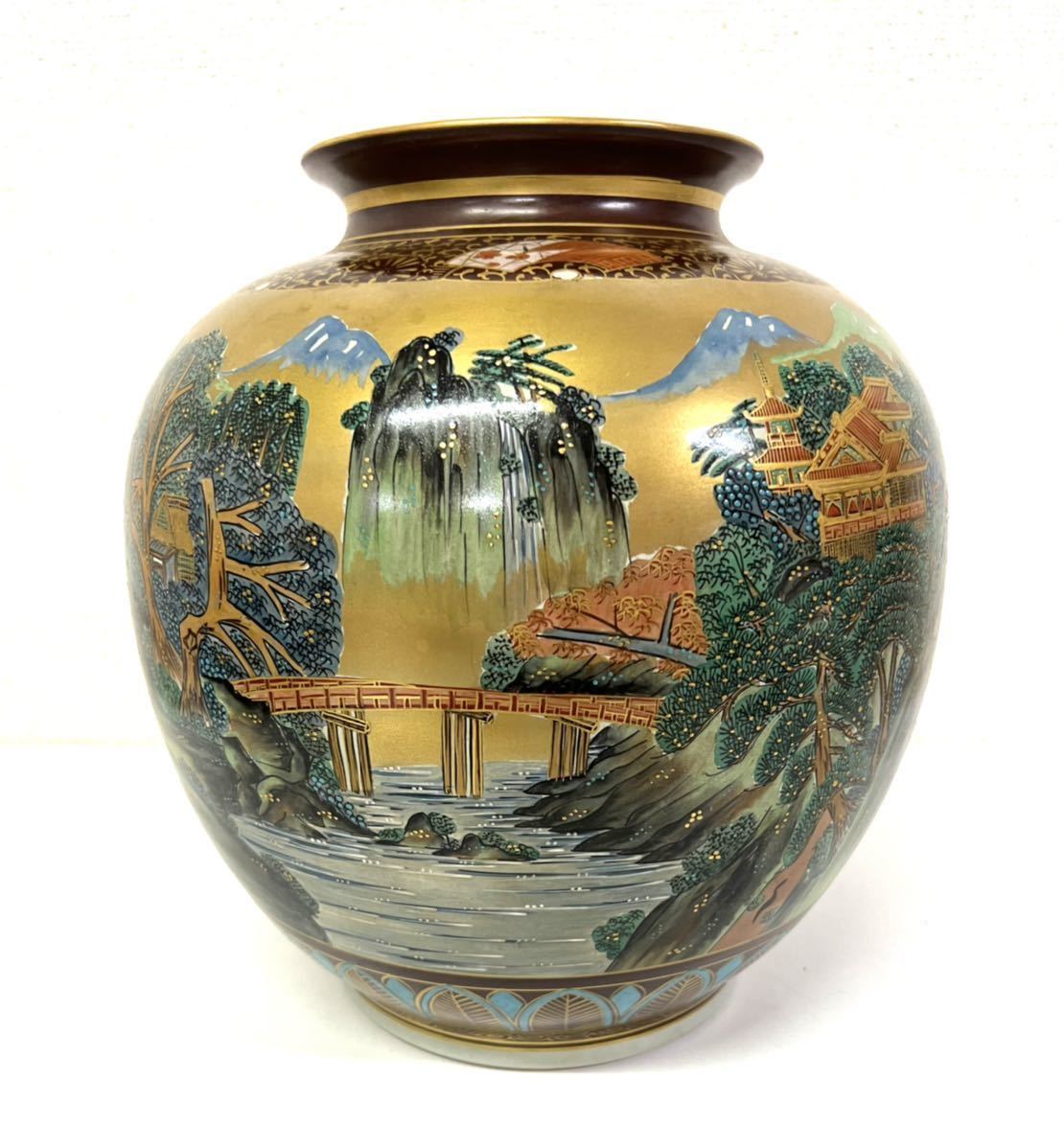 九谷焼 錦水造 金彩 山水図 花瓶 壺 花刺 金縁 高さ31cm 九谷