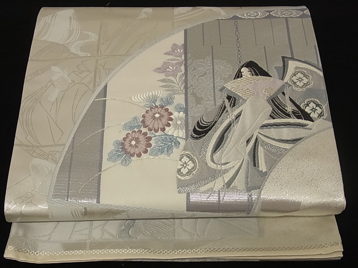 着物屋こころ□六通柄袋帯 唐織 地紙人物花文 銀糸 正絹 逸品 A-gk1180 