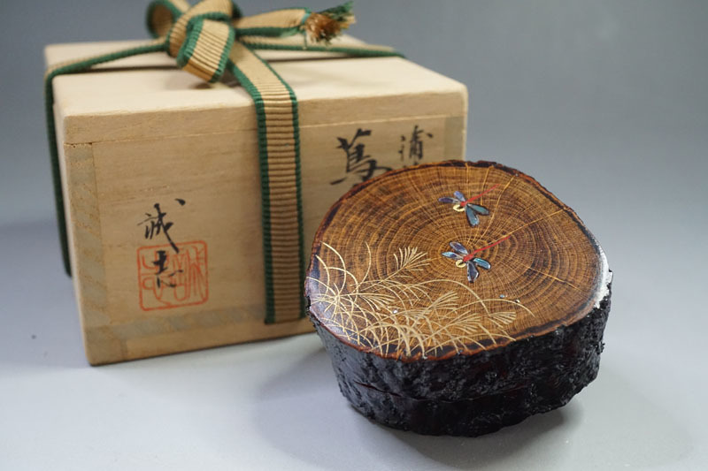 神代杉 香合 加州工芸 清水晃樹作 扇面香合 内丸金箔 鳴子絵 清水晃樹
