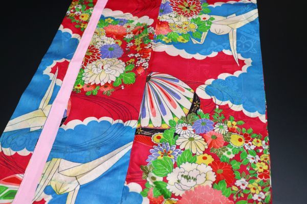 12253☆ アンティーク 子ども着物 四つ身 七五三 花や手毬と折り鶴
