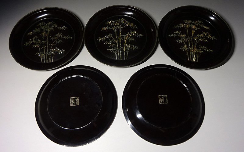 中国　明時代　斑竹嵌螺鈿　花鳥紋　茶盆　古道具　アンティーク　送料込み0719 緑屋i□ 中国古玩 黒漆 青貝 螺鈿 竹文 覆輪 菓子盆 香盆 螺鈿皿 5客