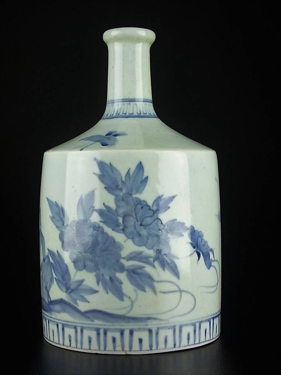 希少 薩摩焼 平佐焼 平佐 染付 梅・牡丹・蝶図 徳利 花器 花瓶