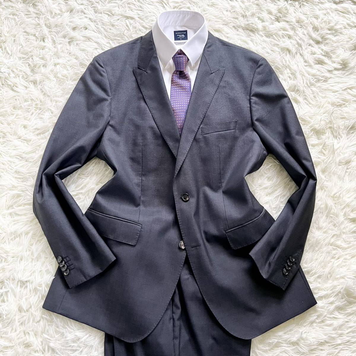 ヒューゴボス【圧倒的な存在感 2XL位 シルク混】HUGO BOSS スーツ チャコールグレー 54 ピークドラペル メンズ ビジネス 通勤 セットアップ