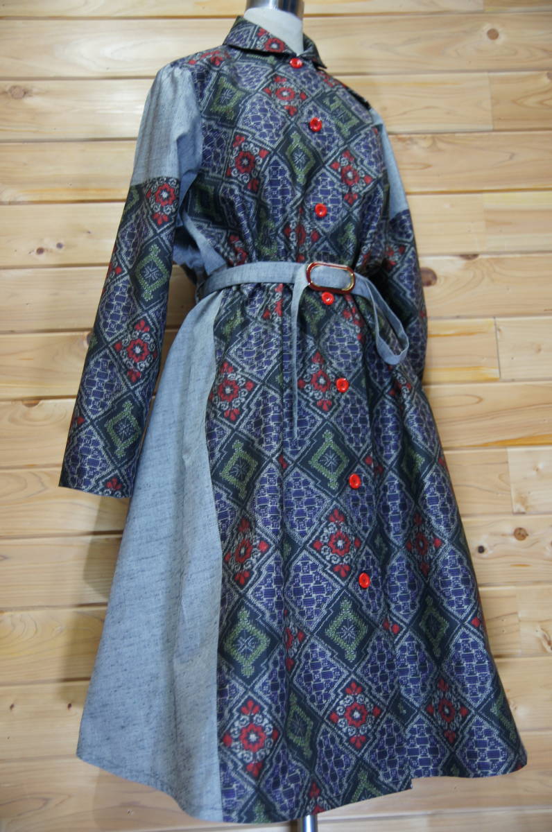 松鶴　着物 リメイク　和柄　ハンドメイド　大島紬・紬～Aライン　コートワンピース 松鶴 着物 ハンドメイド 日々の 紬～ドロップショルダーAライン 紬～前開きAライン