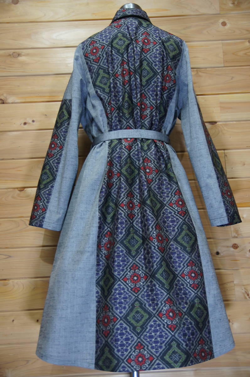 松鶴　着物 リメイク　和柄　ハンドメイド　大島紬・紬～Aライン　コートワンピース 松鶴 着物 ハンドメイド 日々の 紬～ドロップショルダーAライン 紬～前開きAライン