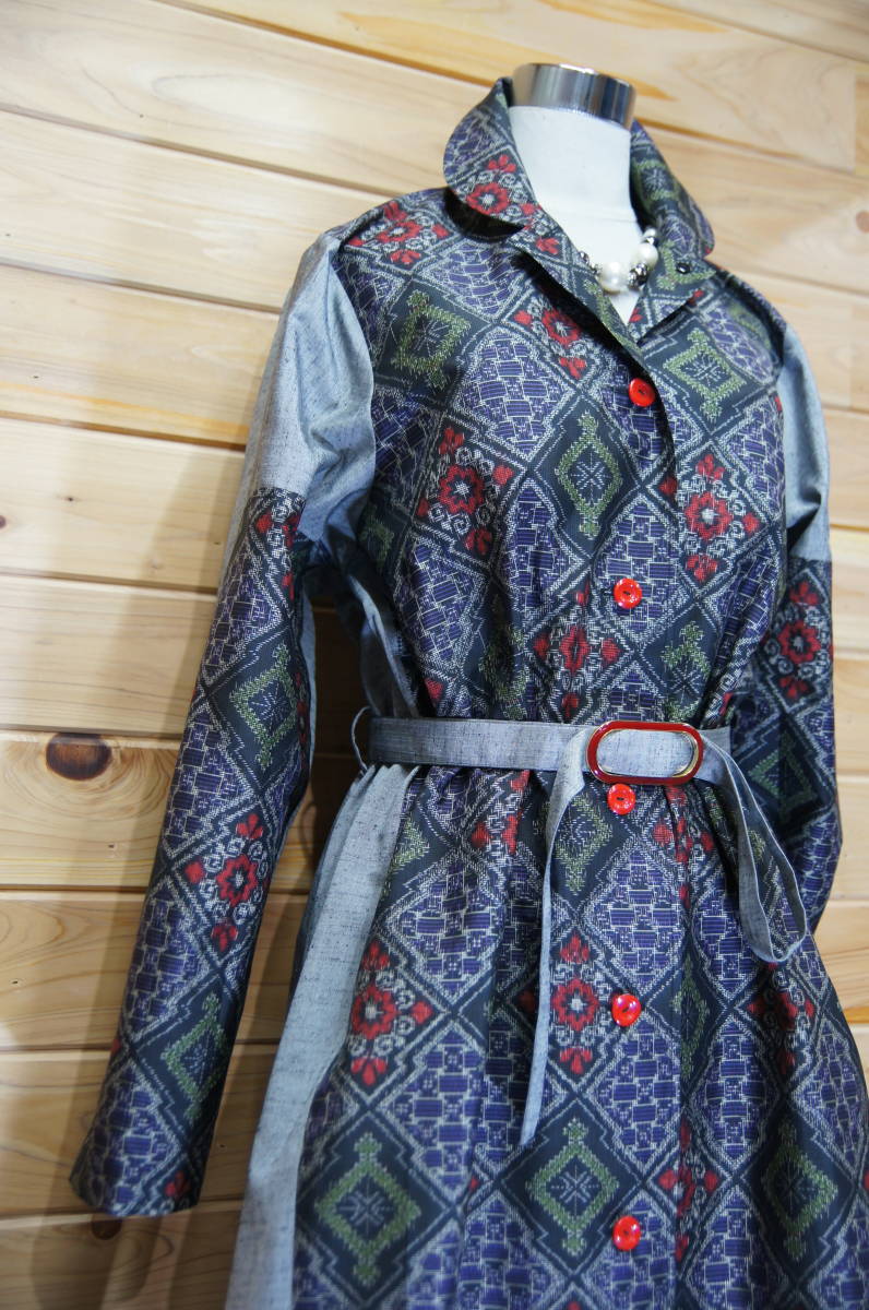 松鶴　着物 リメイク　和柄　ハンドメイド　大島紬・紬～Aライン　コートワンピース 松鶴 着物 ハンドメイド 日々の 紬～ドロップショルダーAライン 紬～前開きAライン
