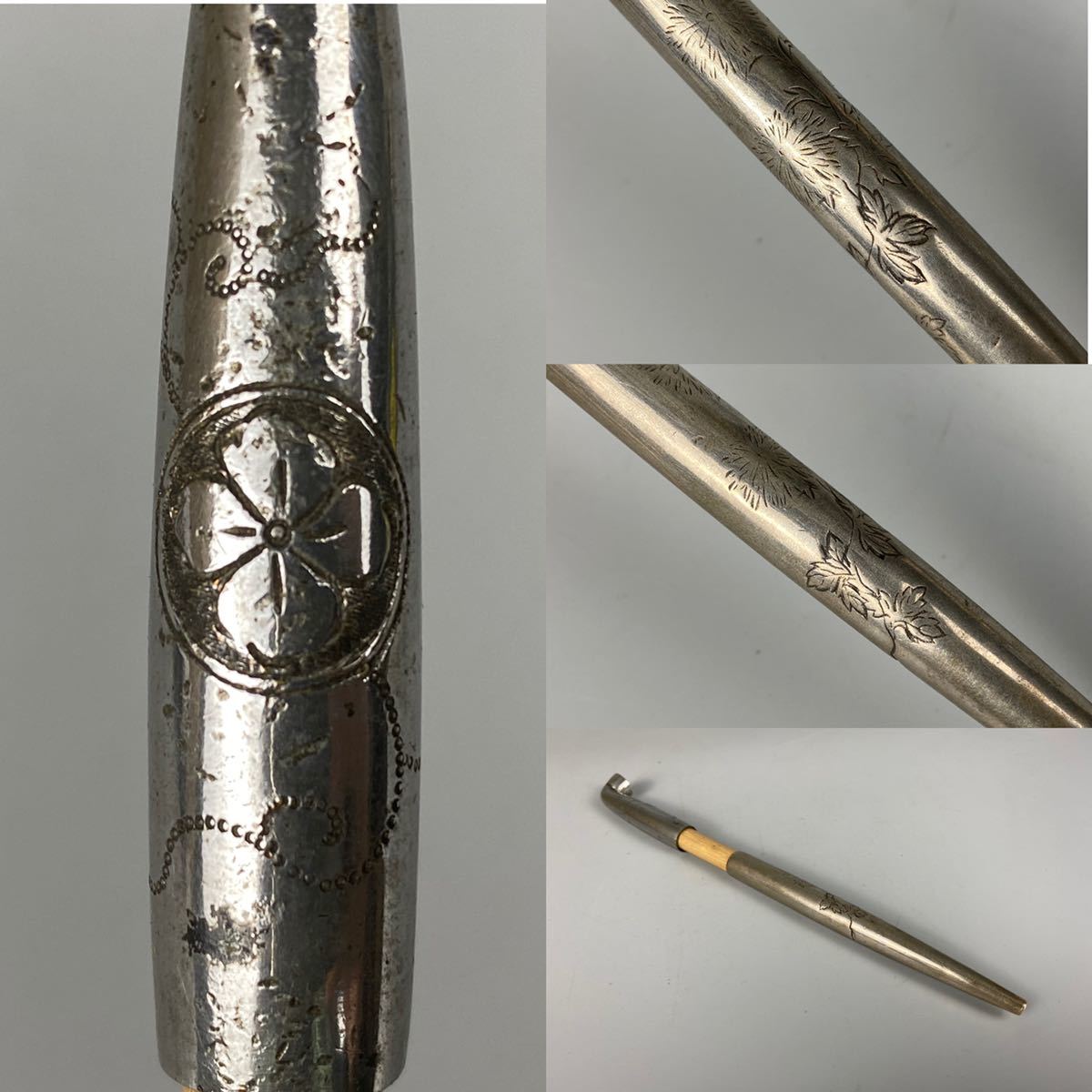 陶楽】B0099喫煙具 明治時代 皮 花草図 彫刻 煙草入れ キセル 煙管