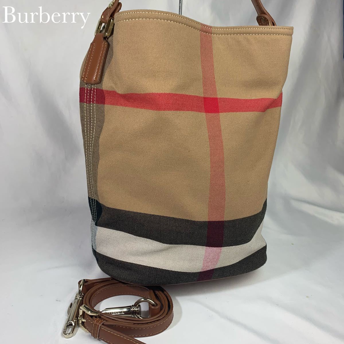 人気定番，セール 2way アシュビー Burberry バーバリー メガチェック ノバチェック バケツ型 ハンドバッグ ショルダー バッグ 金具 キャンバス レザー(ハンドバッグ)｜売買されたオークション情報、yahooの商品情 かばん、バッグ