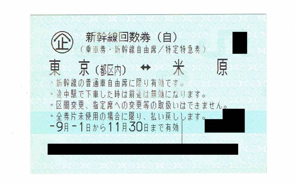 新幹線 自由席 回数券 東京 都区内 ←→米原 1枚 11月