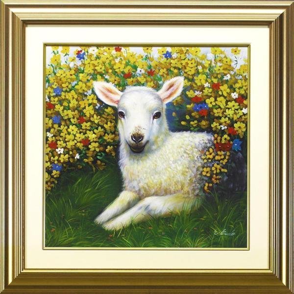 真作 工藤栄進　黄金を呼ぶ羊　油彩　油絵花畑　仔羊 真作 工藤栄進 黄金を呼ぶ羊 油彩 油絵花畑 仔羊 真作】【WISH】工藤