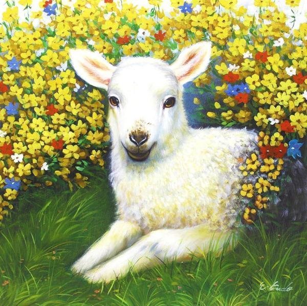 真作 工藤栄進　黄金を呼ぶ羊　油彩　油絵花畑　仔羊 真作 工藤栄進 黄金を呼ぶ羊 油彩 油絵花畑 仔羊 真作】【WISH】工藤