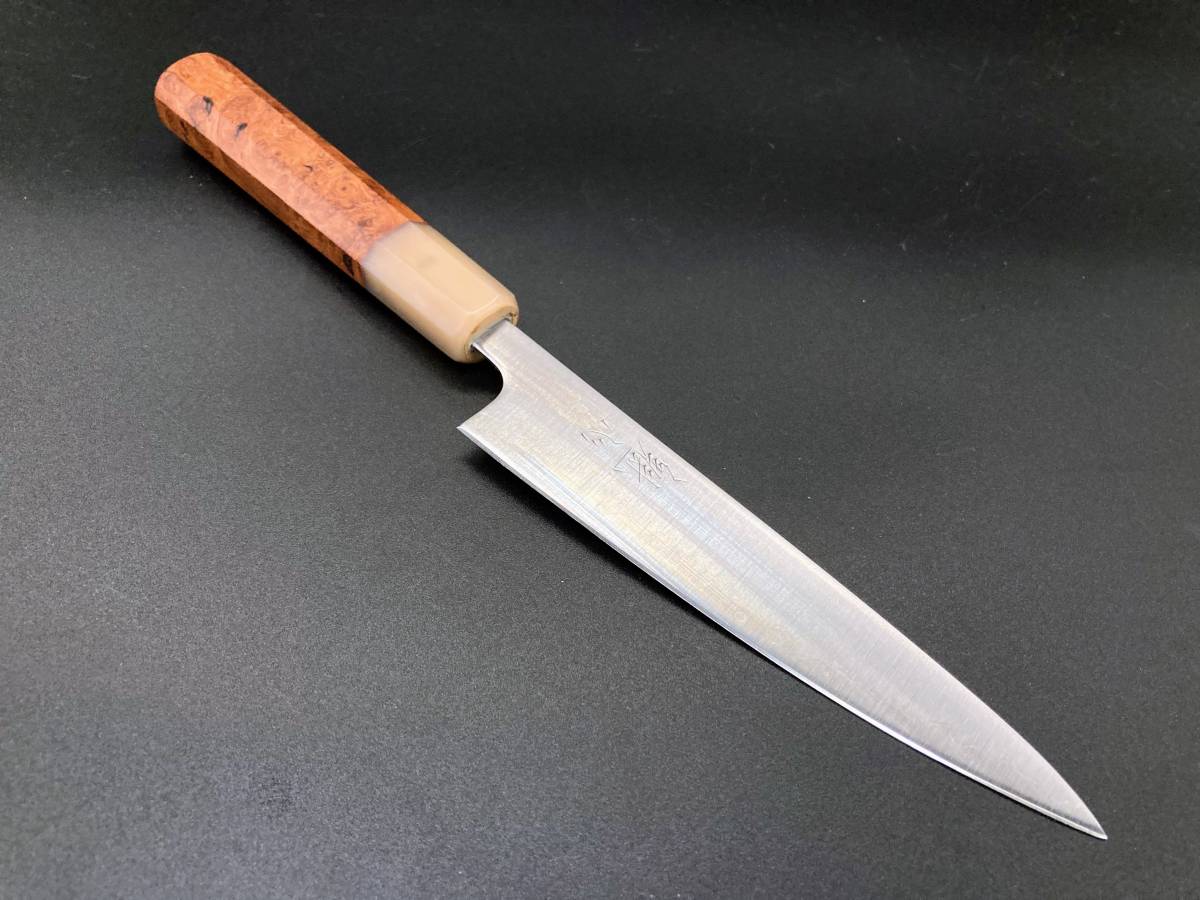 日本製 青紙スーパー鋼 割り込み ペティナイフ 135mm 花梨瘤 白水牛