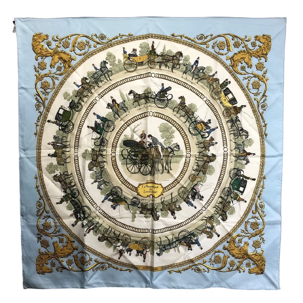 【限定SALE，大人気】 〇HERMES エルメス カレ90 スカーフ LA PROMENADE DE LONGCHAMPS ロンシャンへの散歩 シルク100% ブルー系(スカーフ)｜売買されたオークション情報、yahooの商品情報をアーカイブ公開 - オークファン 服飾小物