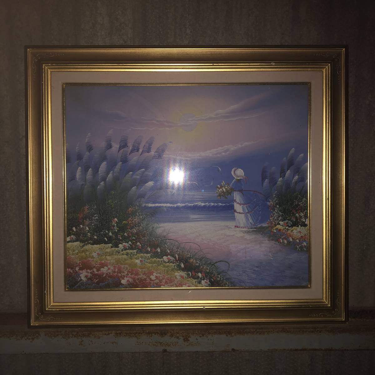 絵画美術 浜辺で花束を持つ少女 油彩画 作者等詳細不明 美しい景色