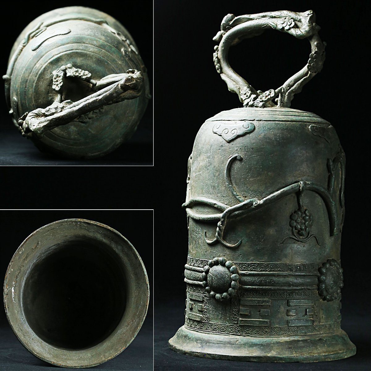 銅鐘 古鰐口 古銅製 江戶時代 古董 昊】時代古玩 中国美術 銅製 老銅八卦葡萄紋佛鐘 半鐘 梵鐘 吊鐘 唐物