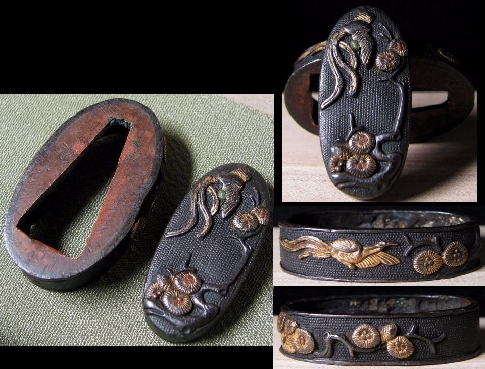 時代武具 美濃 縁頭 赤銅魚々子地金色絵 鳳凰菊花文 桐箱付