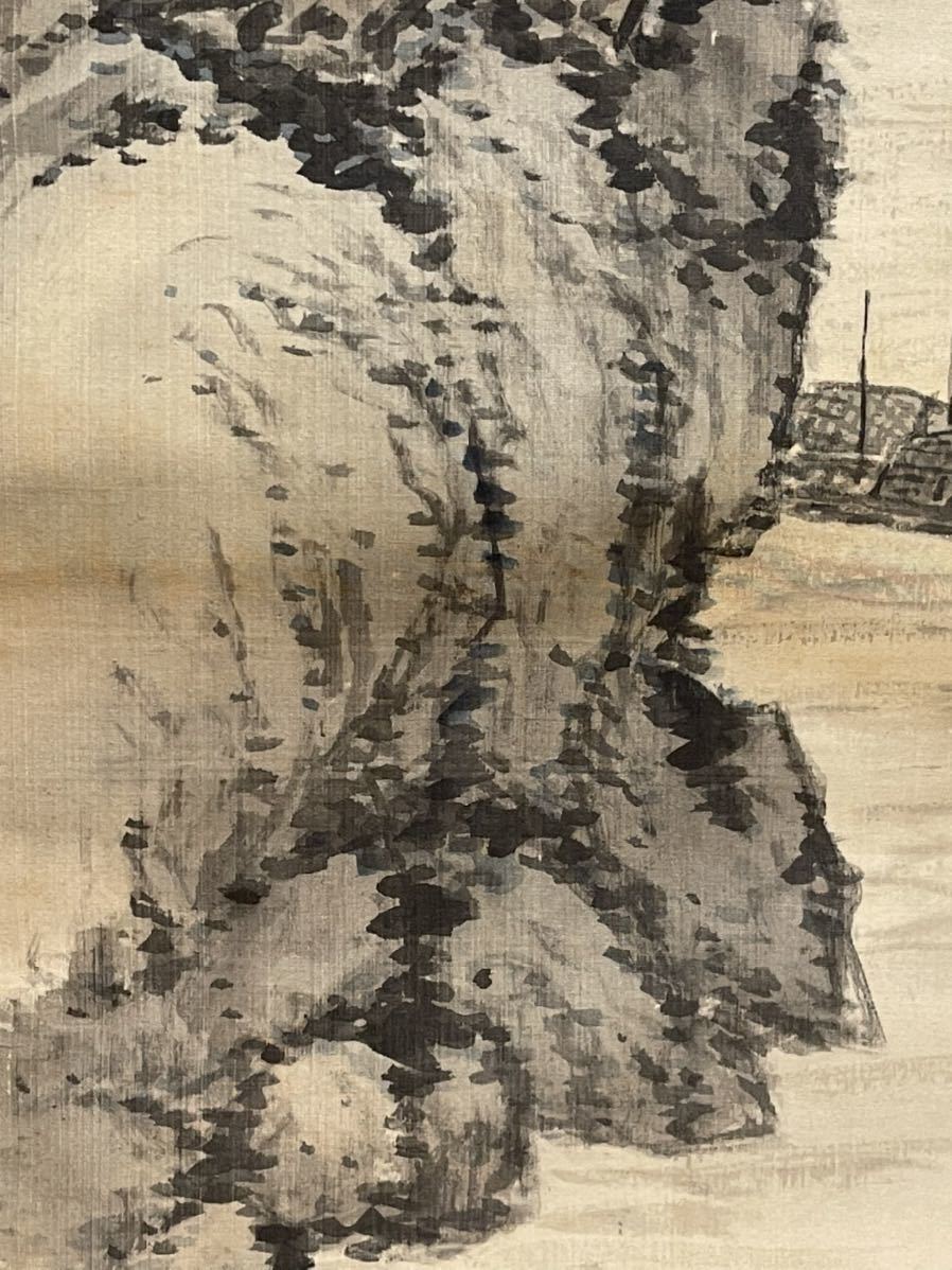 奥原晴湖「水墨山水」日本画 掛軸 絹本 奥原晴翠鑑定箱 女流南画家第一