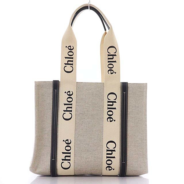 クロエ CHLOE WOODY トートバッグ ハンドバッグ キャンバス ロゴ レザー ホワイト ベージュ ブラック /RM ■SH レディース