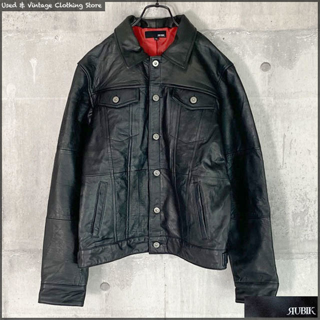 即決★RUBIK★メンズXL レザージャケット ルービック 本革 ジージャン・デニムジャケット型 黒 ブラック 革ジャン ライダース ややスリム