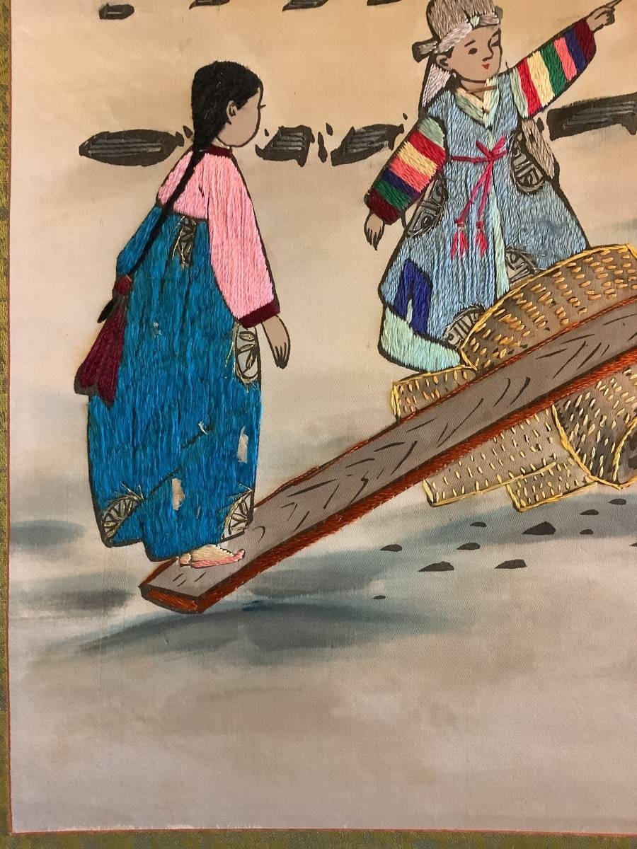 刺繍掛軸R4-7-86『李朝民画』絹本 織物／刺繍画 李氏朝鮮 李朝 朝鮮 