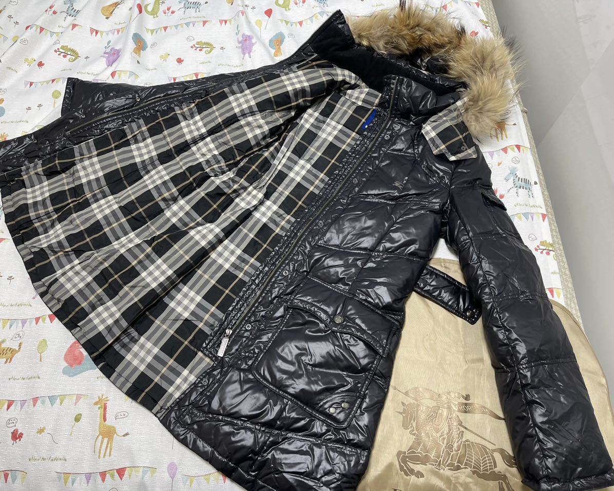 BURBERRY BLUE LABEL ファー付き ダウンコート チェック 40 BURBERRY