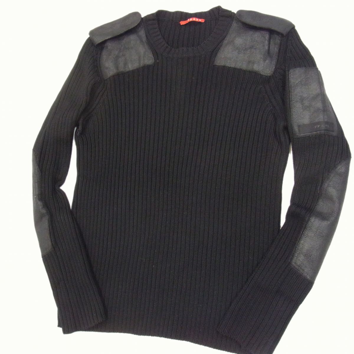 ◇PRADA プラダ ショルダー/エルボーパッチ ニットセーター エポレット/腕章付き コマンドセーター ブラック メンズ 1円