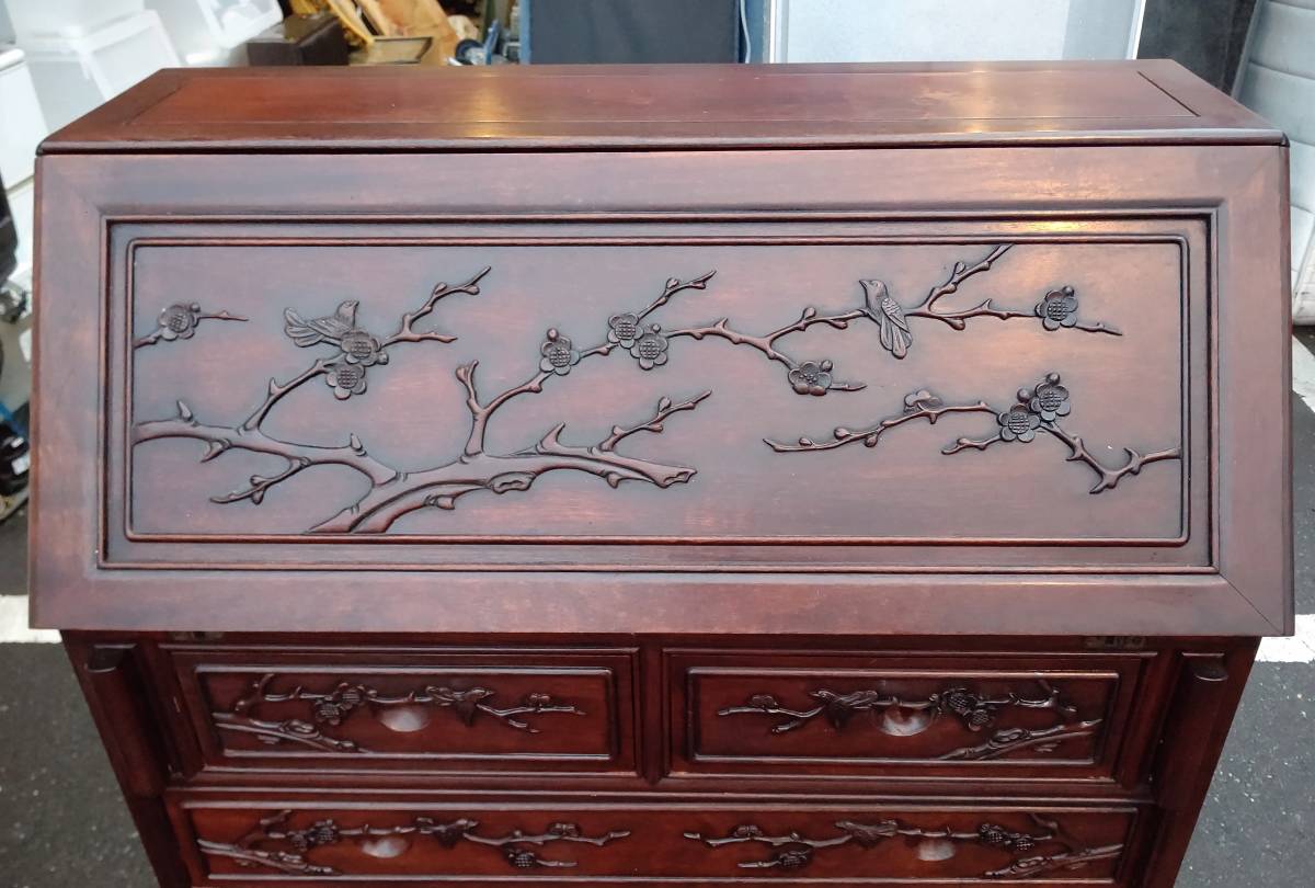 中国伝統家具 花梨無垢材 彫刻ライティングビューロー ライティング 