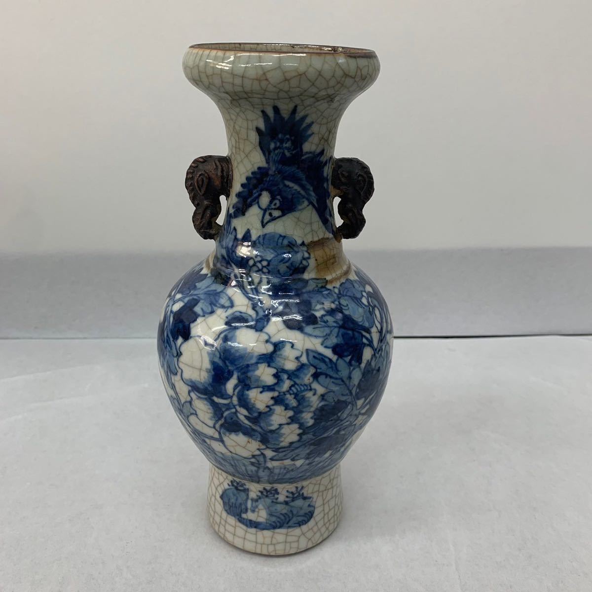 中国美術 成化年製 染付花鳥文獅子耳大花瓶 青花釉裏 中国美術 成化年製 染付花鳥文獅子耳大花瓶 青花釉裏