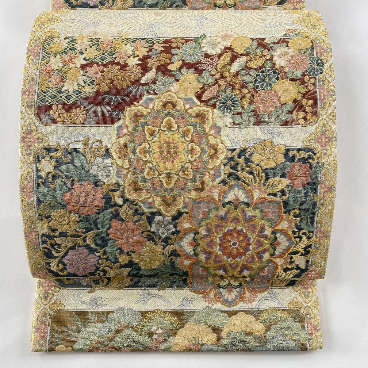 蘇州刺繍 袋帯 七宝繋ぎ 鳳凰 鳥 反物 未仕立て品 金彩加工 金糸 正絹
