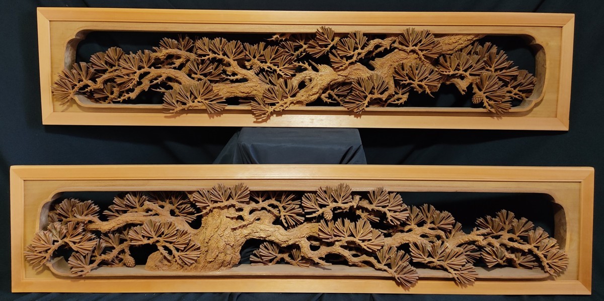 BK193　高級建具　井波彫刻 濱坂中義 作　書院　欄間　水鳥に庭園の図 井波彫刻とは。日本一の彫刻の町の技と歴史 【此】8MA2O 彫刻欄間 2枚1