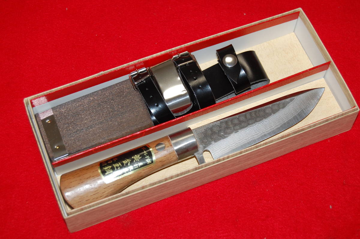 【炭打鍛造/島谷秀一作】黄金玉鋼墨流樫柄剣ナタ120mm金紙仕様剣鉈狩猟刀木鞘付き