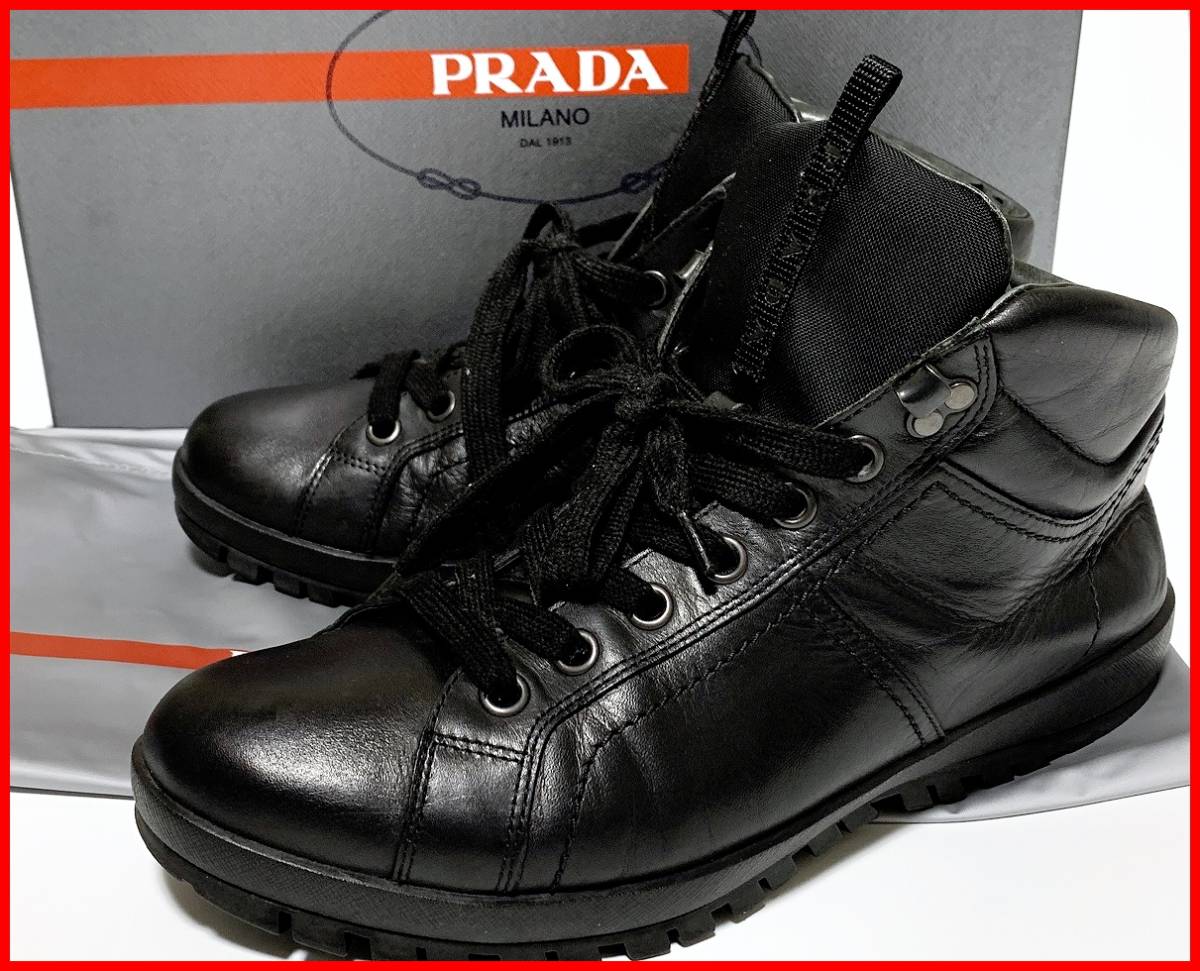 即決 PRADA プラダ 7.5≒26.5cm ブーツ スニーカー 黒 ブラック メンズ 