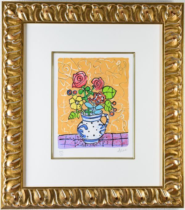 ■ ポール・アイズピリ|黄土色の背景の花|リトグラフ|サイン有|限定150|検:カシニョール，ローランサン，ジャンセン|真作保証|i045|