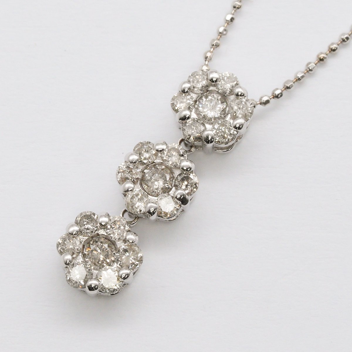 ホワイトゴールド K14WG ネックレス ダイヤ 0.50ct 花3連 40cm 