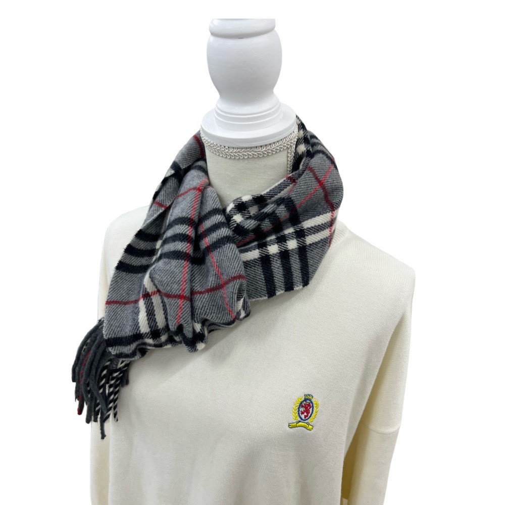 1円スタート！】バーバリーマフラー 100% LAMBSWOOL 英国製 グレー