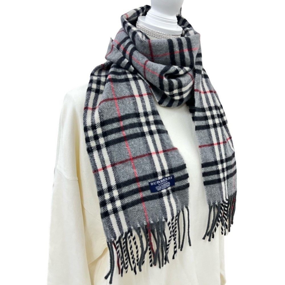 1円スタート！】バーバリーマフラー 100% LAMBSWOOL 英国製 グレー