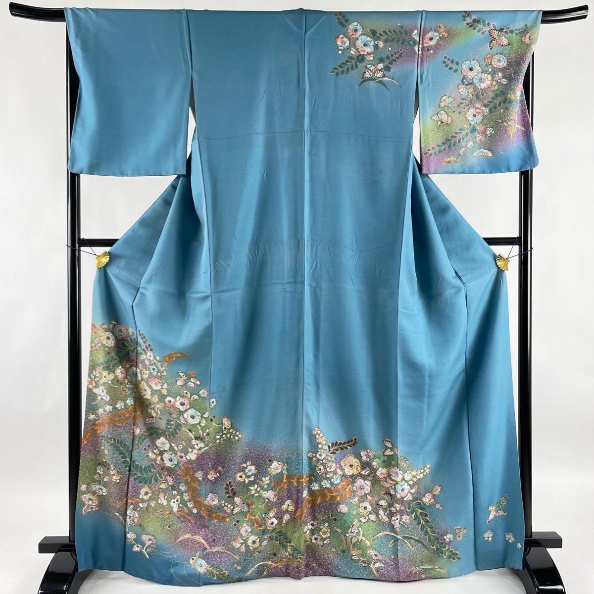 訪問着 名品 辻が花柄 金彩 水色 袷 身丈169cm 裄丈67cm M 正絹 【中古】