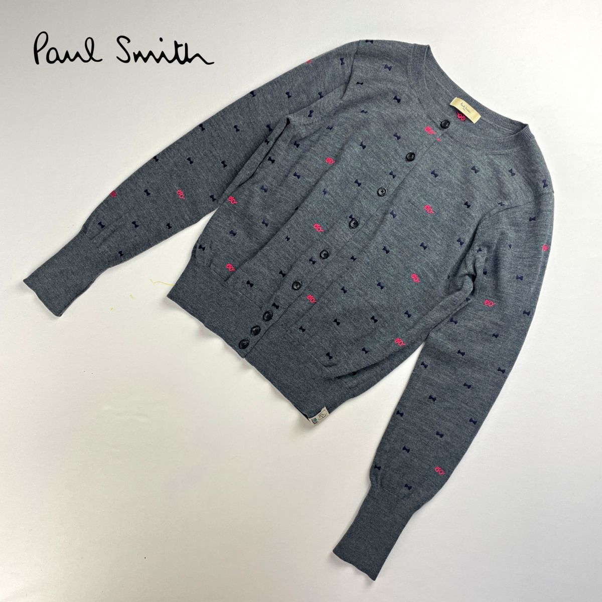 美品 Paul Smith ポール・スミス ウール100% カーディガン 長袖 トップス 刺繍 リボン メガネ レディース グレー サイズM*TB1312