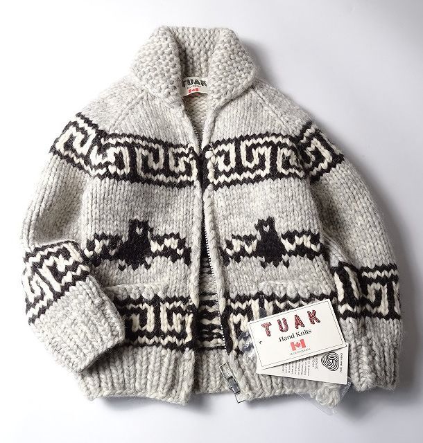 TUAK トゥアック ショールカラー ニットジャケット ジップ カウチンセーター カナダ製 ウール100% イーグル柄 キッズ 子供 美品 (8) S-933