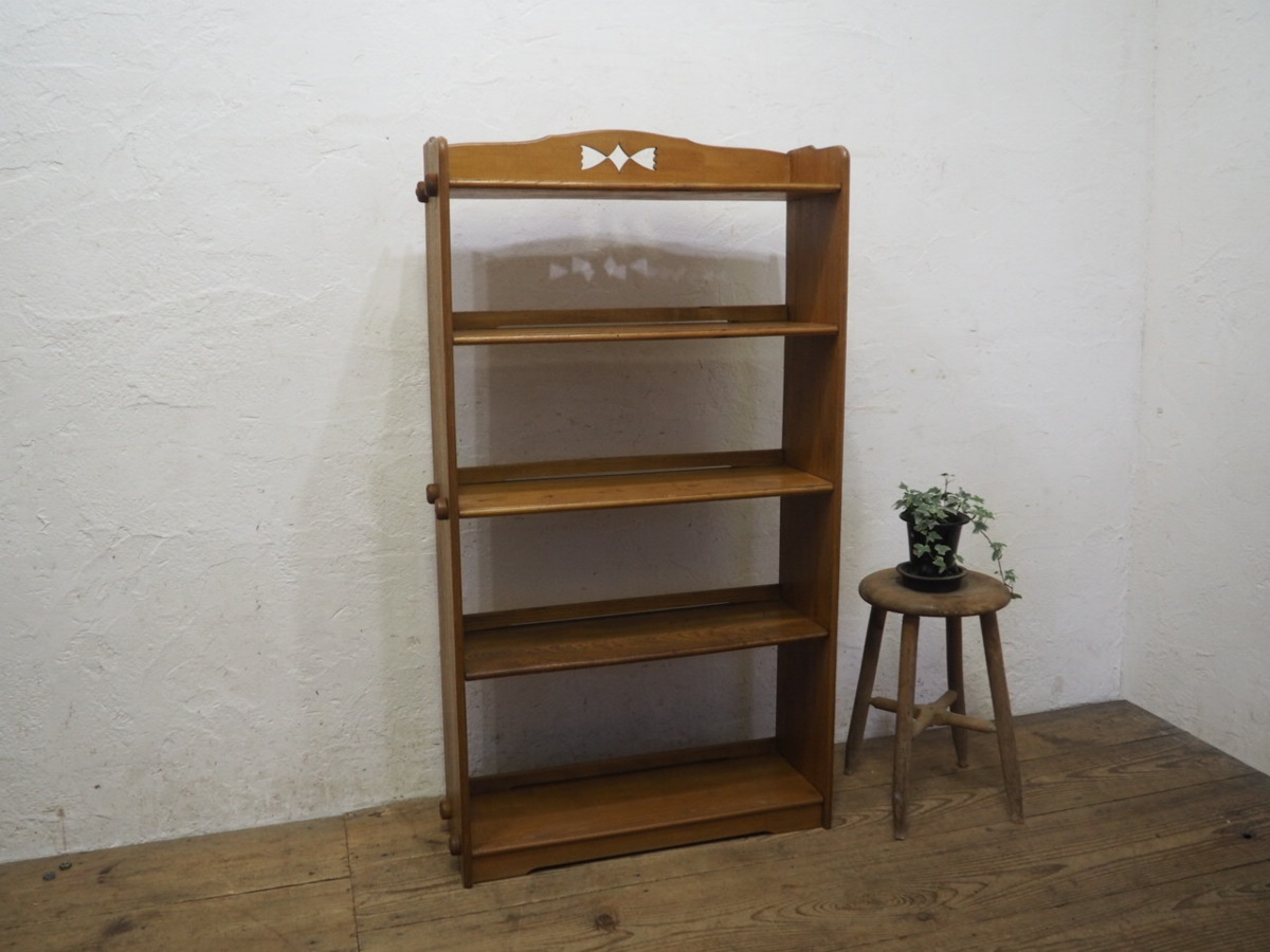 タU395◆H124cm◆ビンテージ◆ラワン材のレトロな古い木製ディスプレイラック◆飾り棚 本棚 陳列棚 店舗什器 収納ケースK庭