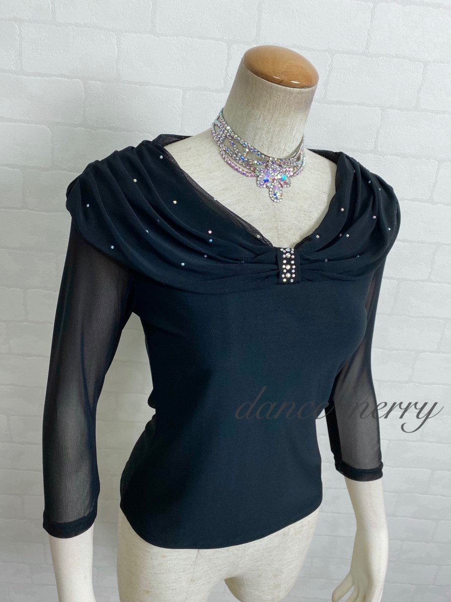 ★送料無料★トップス 社交ダンス 3060 黒 石付き モダン ラテン ワルツ レッスン タンゴ パソ パソドブレ フラメンコ パーティ 【MERRY】