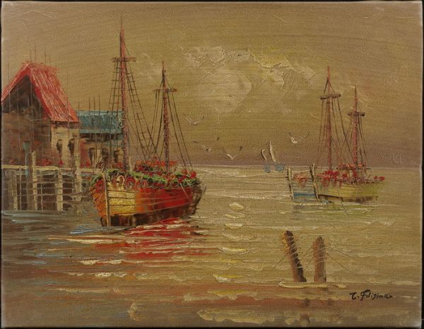 ◇藤島武二◇油絵　手描き《滞船》表サイン　裏書(印譜)　長谷川徳七鑑定シール　F6号　額無　模写/検索ワード(黒田清輝/岡田三郎助)e423