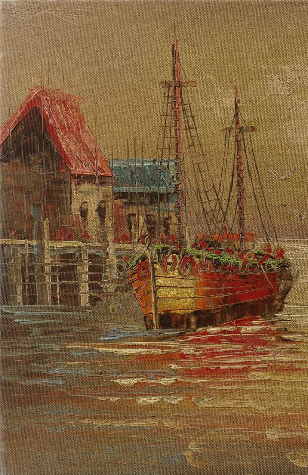 ◇藤島武二◇油絵　手描き《滞船》表サイン　裏書(印譜)　長谷川徳七鑑定シール　F6号　額無　模写/検索ワード(黒田清輝/岡田三郎助)e423