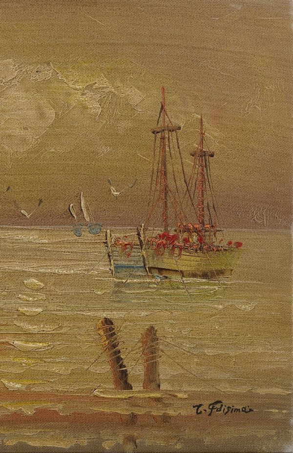 ◇藤島武二◇油絵　手描き《滞船》表サイン　裏書(印譜)　長谷川徳七鑑定シール　F6号　額無　模写/検索ワード(黒田清輝/岡田三郎助)e423