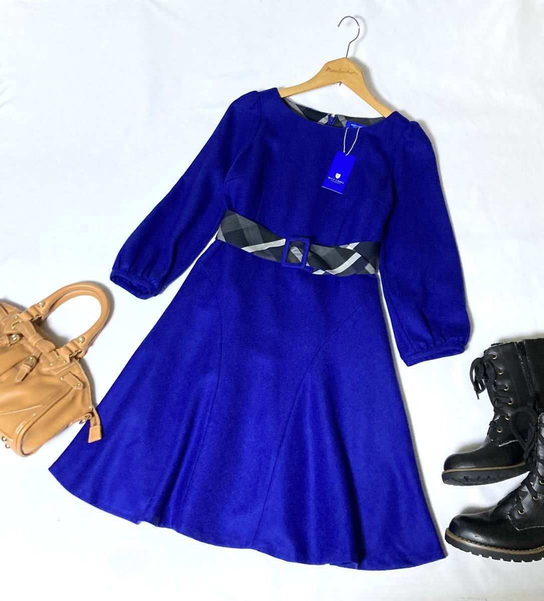 新品タグ付き　ブルーレーベルクレストブリッジ　チェックのベルトが可愛いウールのワンピース　36 送料210円♪