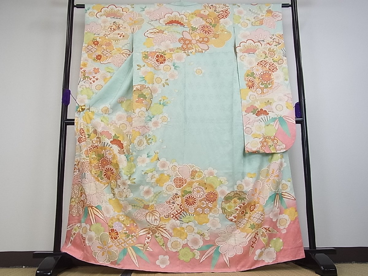 ☆振袖セット☆金駒刺繍 金彩加工 本紋地紋 椿 花々 霞文（帯・襦袢