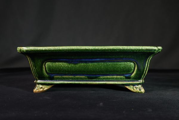 【石井盆栽】人気和鉢作家の最高峰　中野行山作「行山緑釉窯変外縁隅入額入下紐雲足長方鉢」発色最高　窯変美　間口約29.5cm[Y2023010714]