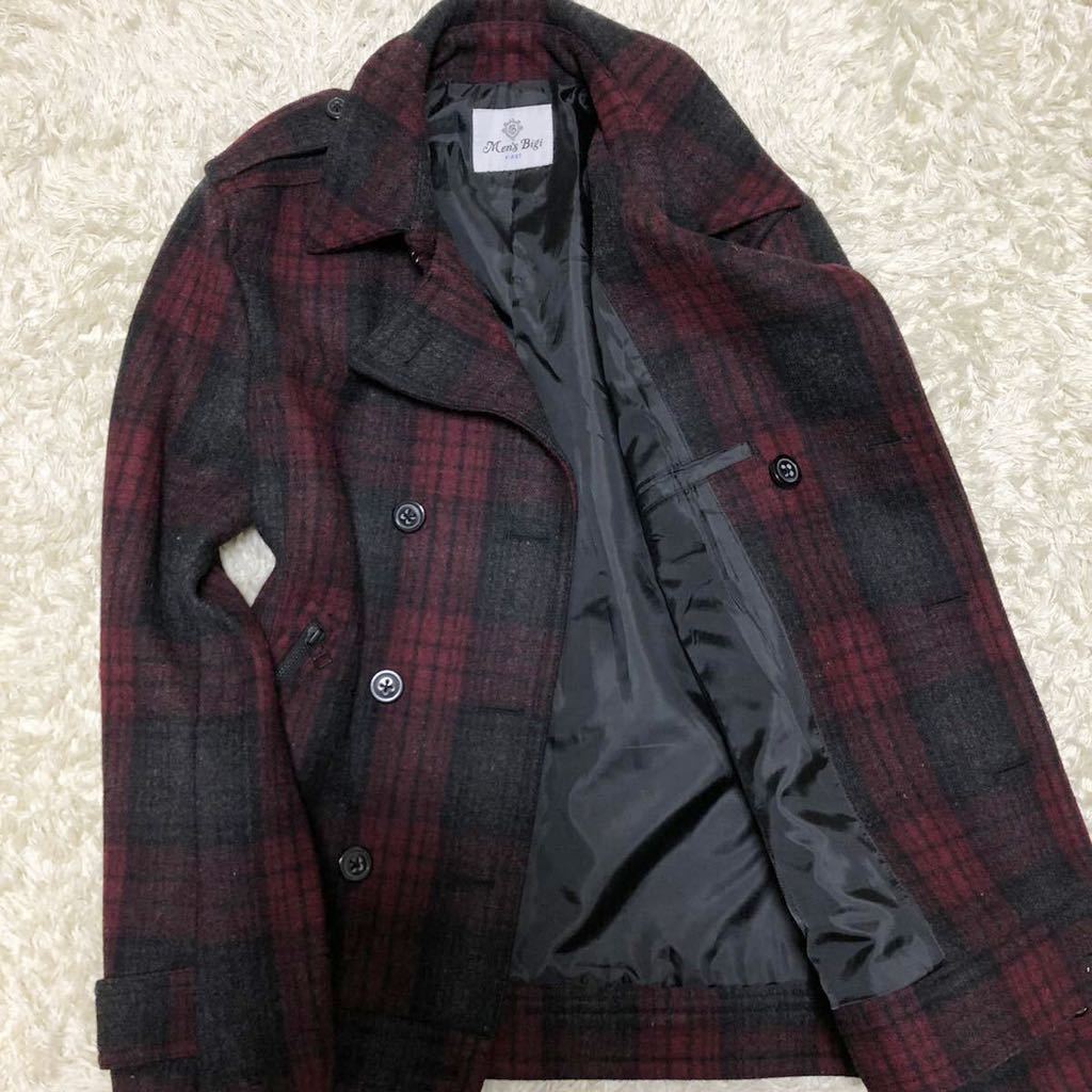 美品【希少カラー!!】MEN'S BIGI メンズビギ Pコート チェスター ピーコート メンズ ダブル チェック柄 総柄 ウール レッド 赤 黒 L位